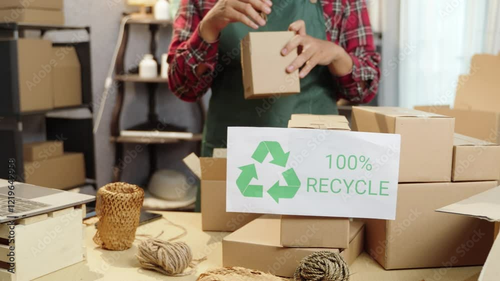 Recyclable packaging for eco-conscious home business. Sustainable materials promoting plastic-free solutions and green living. Eco packaging, recyclable, plastic-free, green business, sustainable