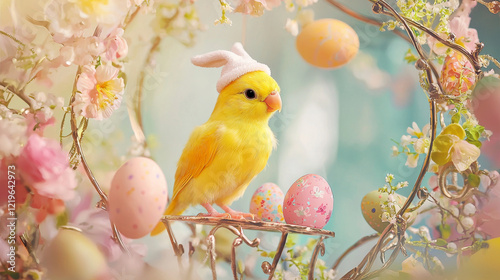 Bright Yellow Budgie Parrot with Bunny Ears Among Spring Flowers and Easter Eggs Art. Concept of Easter Celebration, Springtime Joy, Festive Decor photo