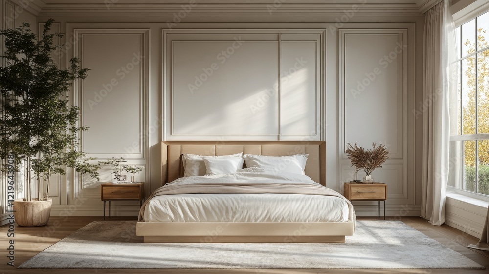 Cozy and modern bedroom with large windows and autumn view Cozy and modern bedroom with large windows and autumn view
