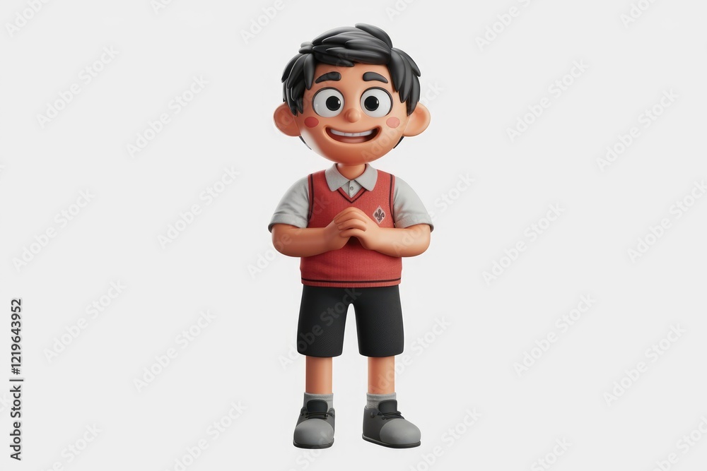 A smiling cartoon boy with black hair wearing a red vest white shirt black shorts and grey shoes. A smiling cartoon boy with black hair wearing a red vest white shirt black shorts and grey shoes.
