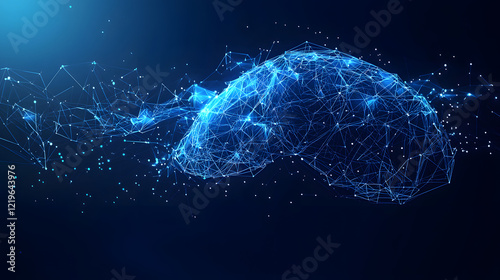 A low-poly digital illustration of a human liver, designed in blue polygonal lines and glowing points, resembling a starry sky. Represents health, technology, and medical innovation
