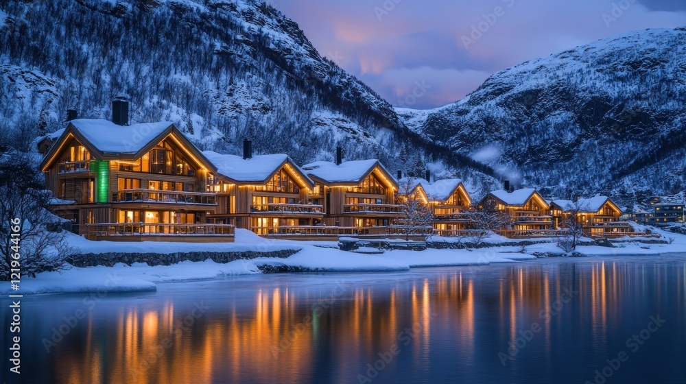 Fototapeta premium Lit cabins at snowy lakeside.