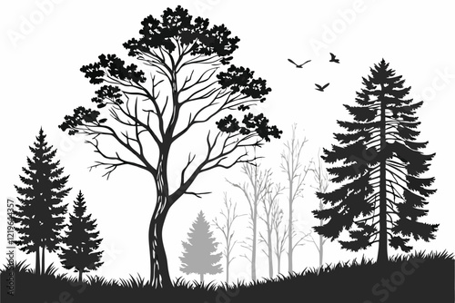 Tree silhouettes, diverse tree shapes, black and white illustrations, botanical artwork, coniferous and deciduous trees, detailed tree outlines, forest variety, nature illustration, tree species colle