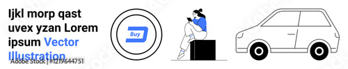 Woman reading with a smartphone, digital Buy button, car icon. Ideal for e-commerce, digital lifestyle, mobile apps, online shopping, technology integration, convenience transportation concepts