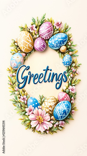 Crafted with vintage inspiration, this hand-painted banner showcases colorful Easter eggs surrounded by floral designs, inviting cheerful greetings for the holiday season