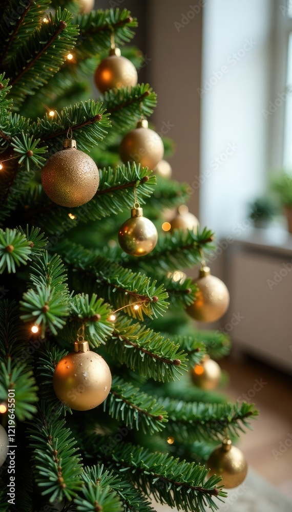 Fototapeta premium Gold and olive green garland wrapped around a wooden Christmas tree, winter wonderland, gold, festive