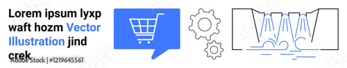 Shopping cart inside a speech bubble, two gears, and industrial water flow setup. Ideal for e-commerce sites, industrial processes, technology landing pages, business dashboards, online shopping