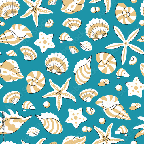 Cute summer seamless pattern with starfish and shells scattered on turquoise background. Marine underwater life background. Summer hand drawn background.