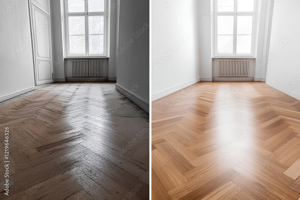 Obraz premium Wooden floor, parquet flooring before and after renovation 