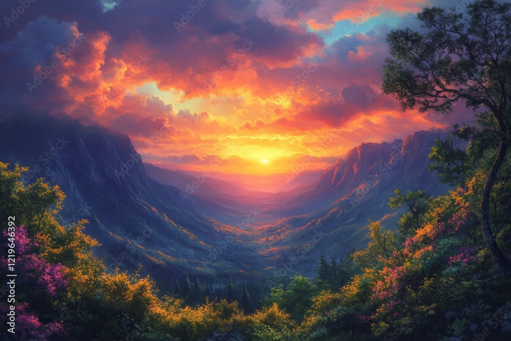 Obraz premium Vibrant sunset over mountains with colorful clouds and dramatic landscape