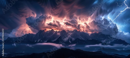 Dramatic Lightning and Mountains Under Stormy Skies for Nature-Themed Designs