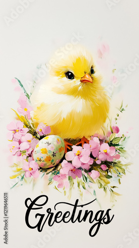 A nostalgic design showcases a cheerful yellow chick surrounded by pastel flowers and an Easter egg. The word Greetings is styled in classic vintage typography, evoking warm memories