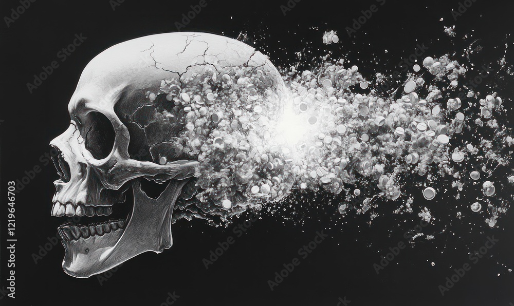 Skull disintegrating, pills explode outwards. Skull disintegrating, pills explode outwards.