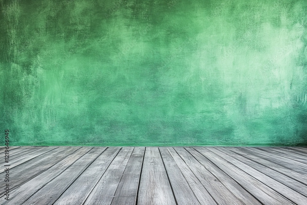 Fototapeta premium Rustic Wooden Floor Green Wall Room Interior Design Background Texture Image old grey gray home chic photo space empty blank style decor house clean boards