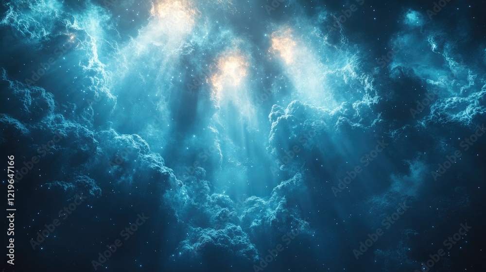 Fototapeta premium Abstract digital artwork depicting a burst of vibrant blue light radiating from a central point against a dark background,