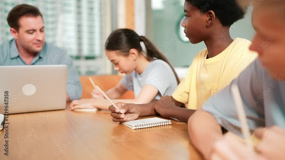 Smart teacher answer question while diverse student sitting and doing test. Multicultural children writing or taking notes while teacher using laptop analyze data and looking at paper. Edification Smart teacher answer question while diverse student sitting and doing test. Multicultural children writing or taking notes while teacher using laptop analyze data and looking at paper. Edification