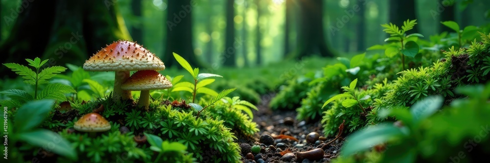 Dark forest floor carpeted with ferns and mushrooms, forest, ferns Dark forest floor carpeted with ferns and mushrooms, forest, ferns