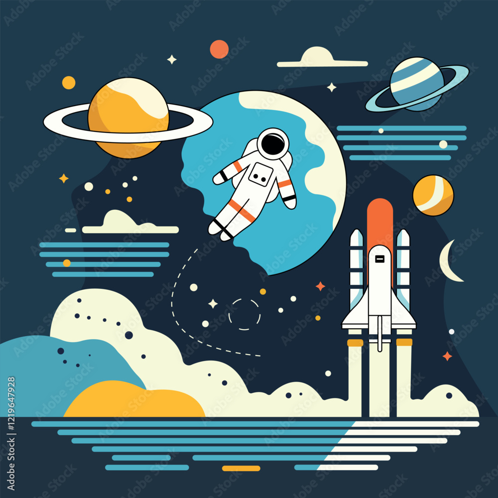 Naklejka premium An astronaut floating in zero gravity, a rocket launching, planets with rings, stars, and a crescent moon against a dark background, featuring vibrant blue, yellow, and orange tones. 