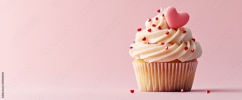 Cupcake with pink heart topper and red sprinkles on a soft pink background