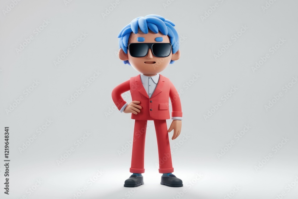 Confident cartoon character in red suit and sunglasses. Confident cartoon character in red suit and sunglasses.