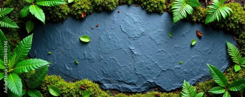 Blue grey slate with patches of moss and ferns, ferns, earthy tones photo