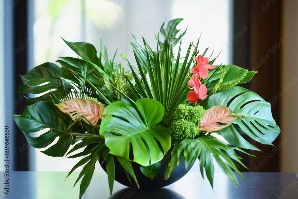 Fototapeta premium A beautifully crafted arrangement of tropical plants with lush green leaves and vibrant flowers, perfect for enhancing indoor spaces with a delightful touch of nature and tranquility