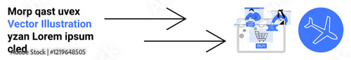 Arrows pointing from text to online shopping cart with people and world icons, ending in airplane icon. Ideal for digital marketing, online shopping, global connectivity, travel booking, e-commerce