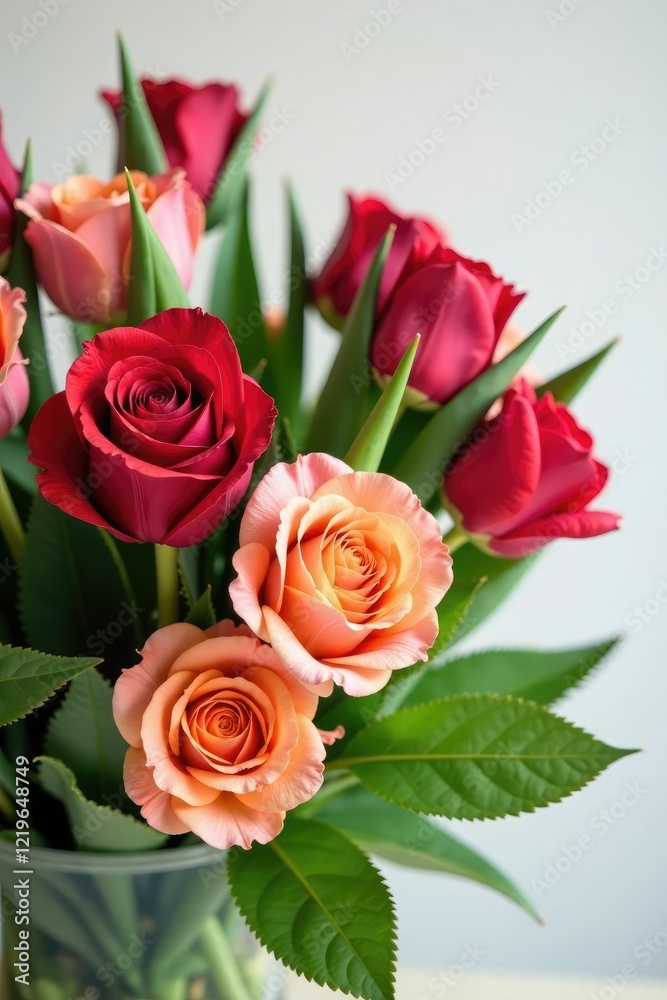 A bundle of fresh colorful roses and tulips with lush greenery, floral, flowers, nature A bundle of fresh colorful roses and tulips with lush greenery, floral, flowers, nature