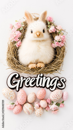 A charming vintage-inspired postcard features a hand-painted Easter bunny nestled in a nest of flowers, surrounded by pastel-colored eggs and the word Greetings in elegant typography