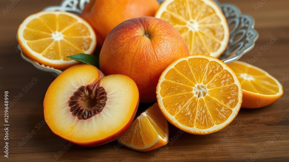 Half of a ripe peach rests next to a cut in two orange on a wooden surface sitting amidst other sliced citrus fruits in a decorative bowl, still life photography, citrus Half of a ripe peach rests next to a cut in two orange on a wooden surface sitting amidst other sliced citrus fruits in a decorative bowl, still life photography, citrus