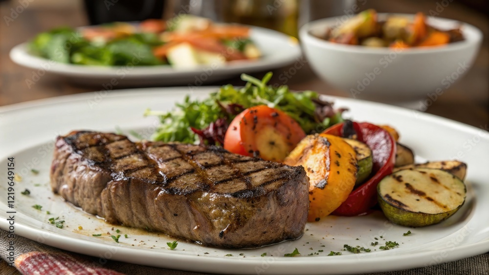 Grilled steak with roasted vegetables and a side salad in a shallow depth of field, culinary art, roasted vegetables, side salad, seasonal produce Grilled steak with roasted vegetables and a side salad in a shallow depth of field, culinary art, roasted vegetables, side salad, seasonal produce