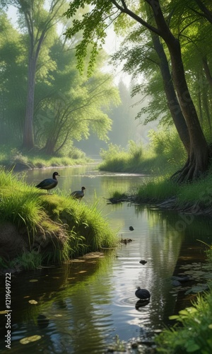 Green bank near the river with a coot in the foreground , greenbank, coot, outdoor