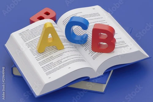 Colorful alphabet blocks on an open book representing literacy and learning.