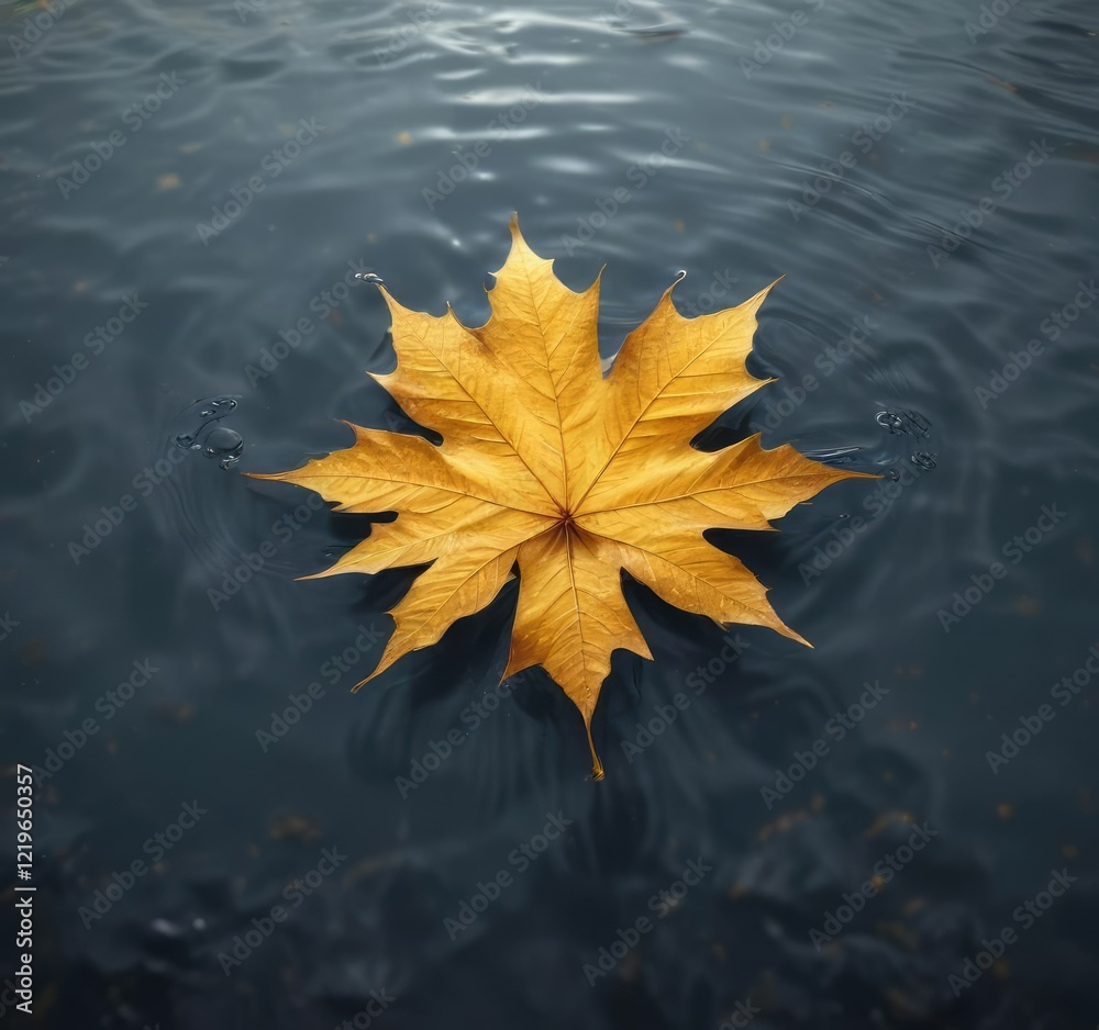 Golden maple leaf gently floating on the water's surface with subtle ripples creating a mesmerizing effect , forest, outdoor, peaceful scene