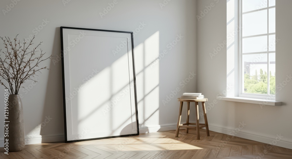 Fototapeta premium A serene and bright corner featuring a blank black-framed poster leaning against a white wall