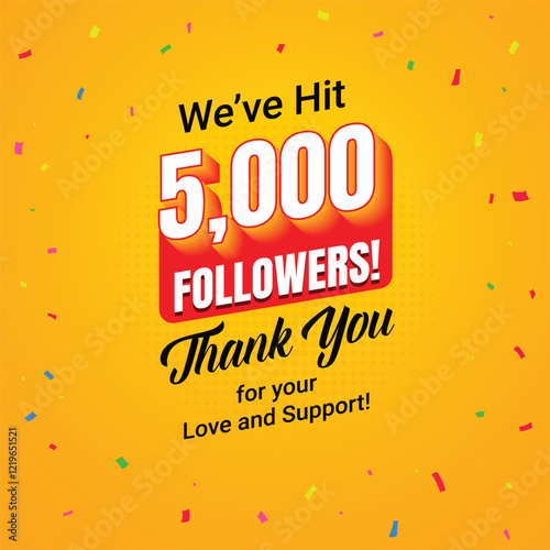 5k social media followers and subscribers template, greeting banner for fans, vector background for achievement celebration template, five thousands followers and subscribers with yellow background.