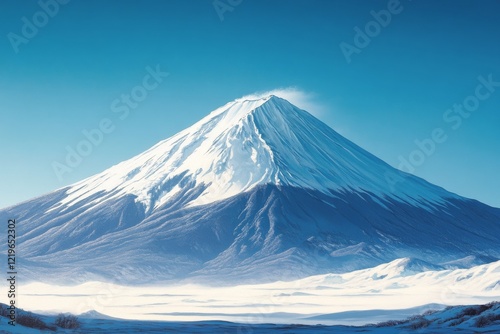 Snow-capped mountain rises majestically under clear blue sky during bright day photo