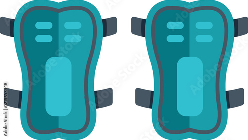 Pair of blue shin guards isolated on a white background, protecting legs during sport activities, safety equipment for football or soccer