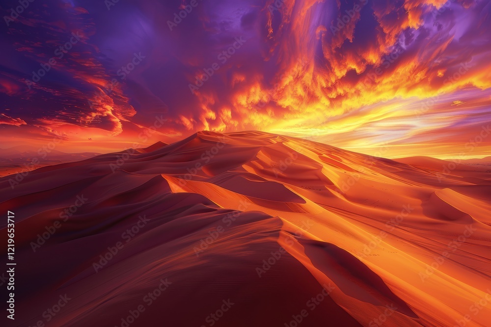Fototapeta premium Dramatic Desert Sunset Over Towering Sand Dunes with Vibrant Orange and Purple Sky