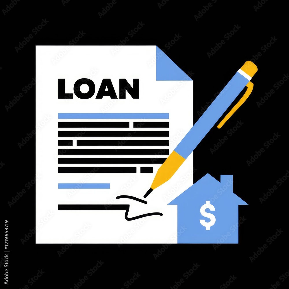 A loan agreement document with a pen a house and a dollar sign. A loan agreement document with a pen a house and a dollar sign.