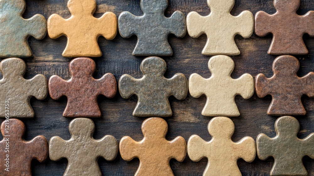 Interlocking Puzzle Pieces on Wooden Background: A Visual Metaphor for Teamwork and Collaboration