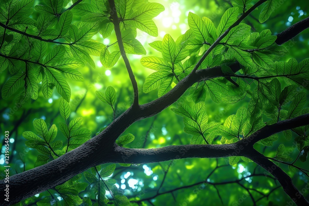 Fototapeta premium Sunlight filters through rich green leaves of tropical tree. Branches of tree extend outward, creating vibrant green canopy. Scene evokes tranquil forest environment in summer. Healthy plants with