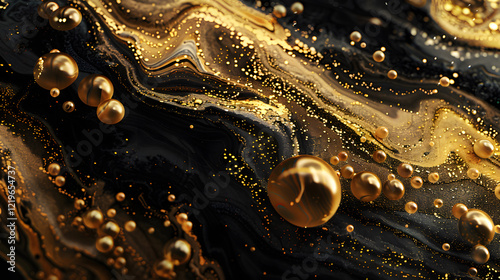 Luxurious gold and black inks meld together with bubbles, generative ai