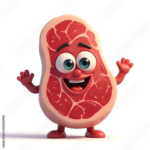 a cute delicious juicy beef steak with eyes and mouth happy cheerful 3D animation illustration bland background 01