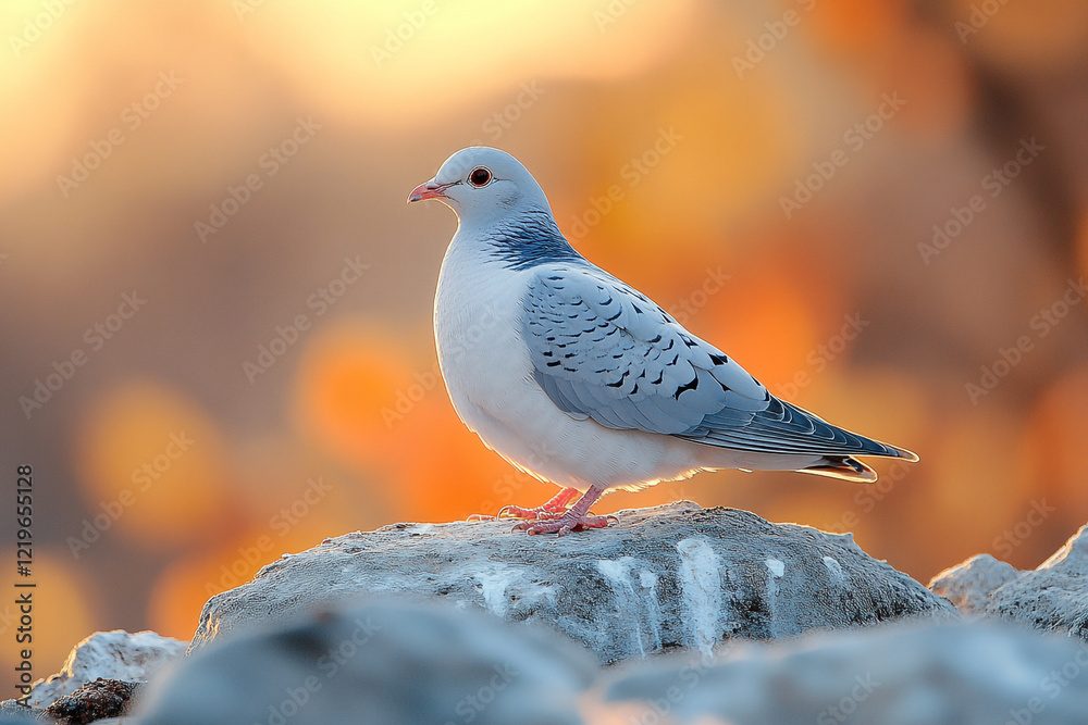 A common wood pigeon perched on a rock at sunset A common wood pigeon perched on a rock at sunset