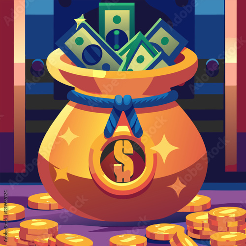 A bag full of money and stacks of gold coins around. Cartoon style. Vector illustration