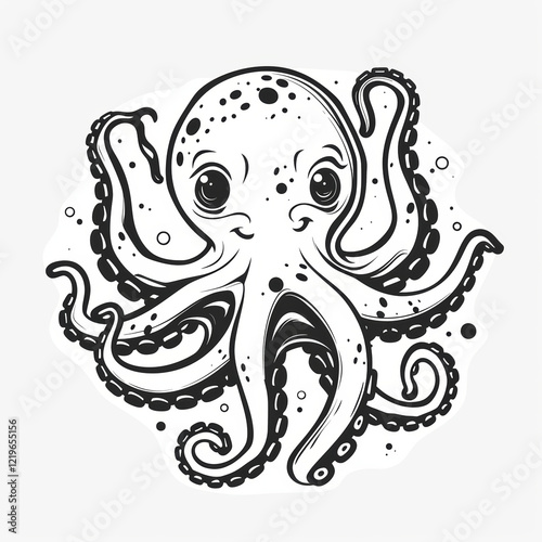 Cute Octopus Vector Logo in Black and White Outline Design photo