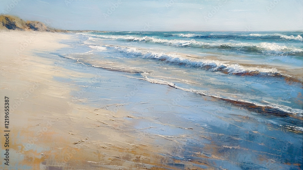 Obraz premium impressionism oil painting with thick impasto brush strokes of waves on a sandy beautiful beach with puffy clouds. using muted browns, blues, and white. 