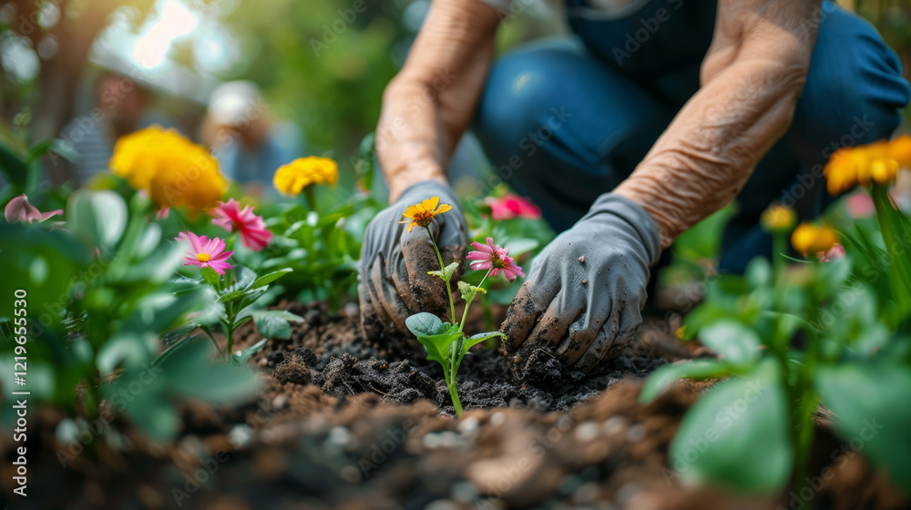 Fototapeta premium Gardener Planting Flowers in a Vibrant Community Garden