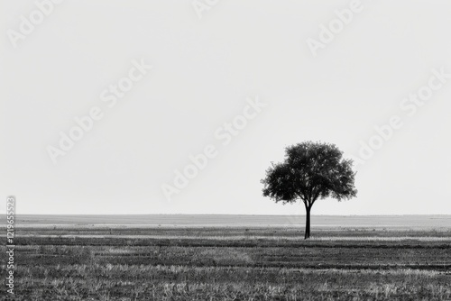 Solitary Tree in Open Field: Minimalist Black and White Photography for Reflection and Serenity